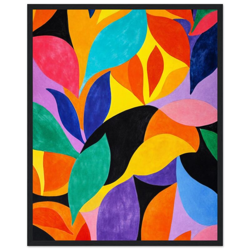 Vibrante pintura abstracta con formas de hojas y colores vivos, creada por Digiart Studio para decorar espacios modernos.